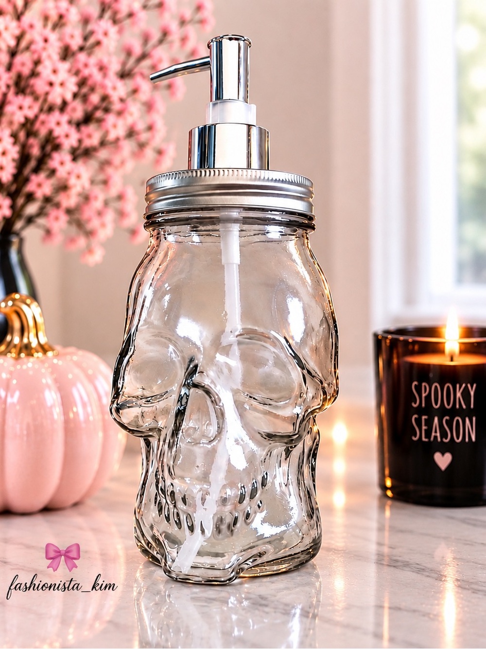 Glass Skull Soap Dispenser Silver Pump Gothic Halloween Decor NEW